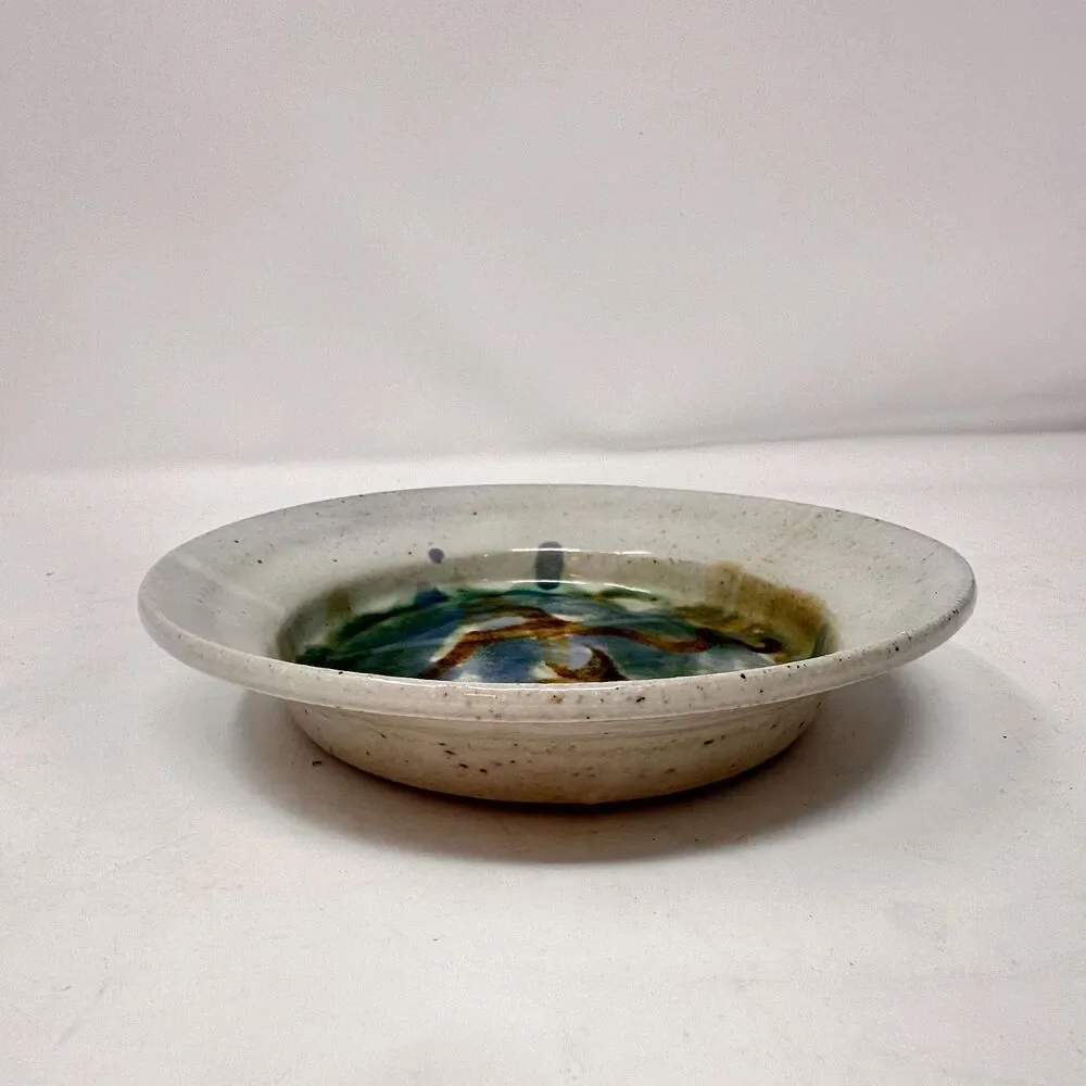 Vintage Studio Pottery Berry Bowl Strainer Planter Abstract Blue Green 7x1.5”